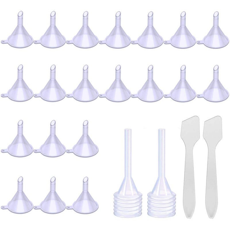 CKANDAY 20 Pack Mini Clear Plastic Funnels with 2 Pcs Mini Pipette and Spoon for Filling Small Bottles or Containers Atomizers Perfume Liquid Essential Oils Spice Powder Lab Lotion Craft Spice - Image 1